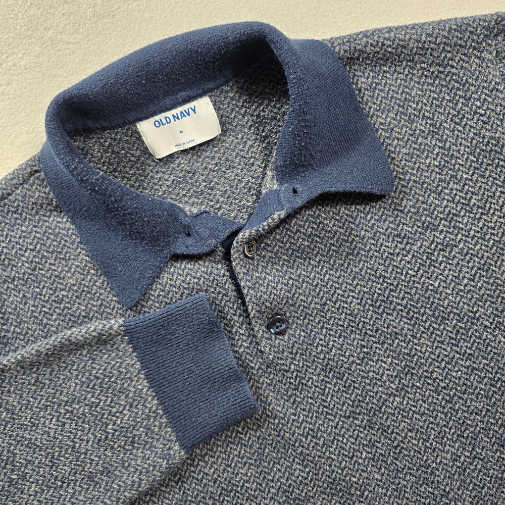 Old Navy Mens Medium Blue Long Sleeve Polo Sweater Herringbone Knit Cotton Blend